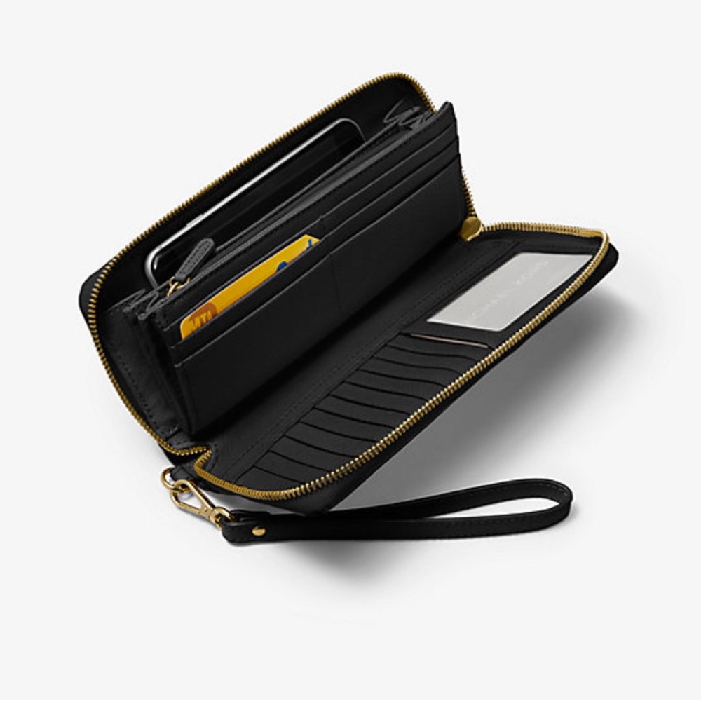 Michael Kors Large Black Continental Wallet - Gold Hardware - Wristlet Strap - Picture 11 of 12